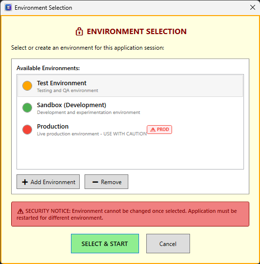 Environment Selection Dialog